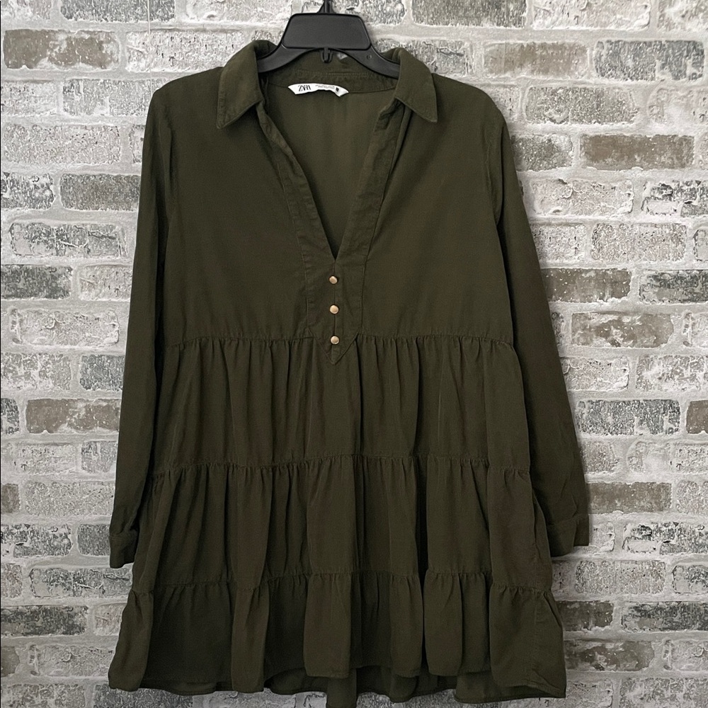 ZARA Womens Large Green Corduroy Tiered Mini Dress Long Sleeve Boho Fall